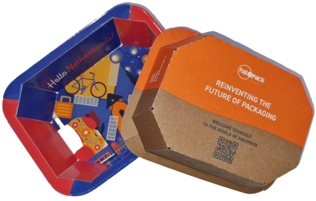 Halopack, barquette laminée en plastique pelable. Réduction de 75 % du plastique